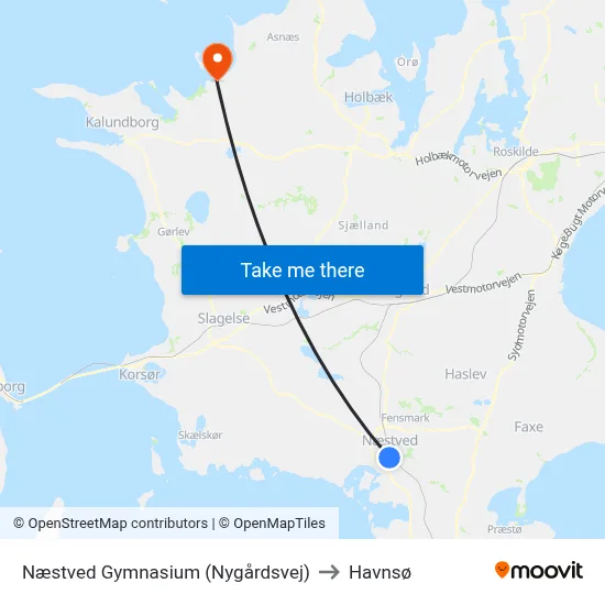 Næstved Gymnasium (Nygårdsvej) to Havnsø map