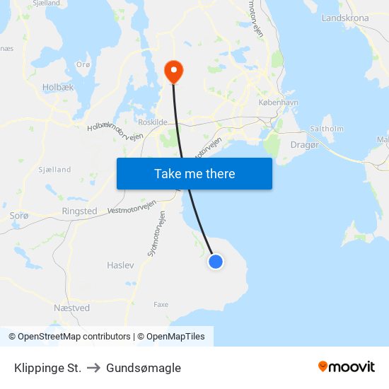 Klippinge St. to Gundsømagle map