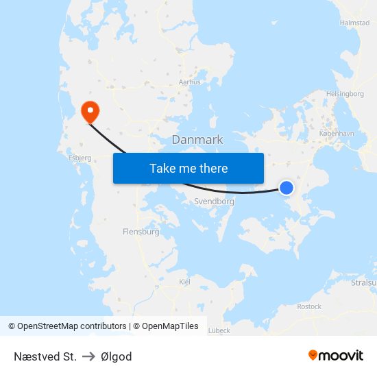 Næstved St. to Ølgod map