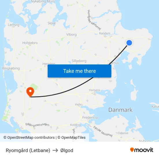Ryomgård (Letbane) to Ølgod map