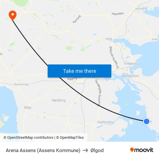 Arena Assens (Assens Kommune) to Ølgod map