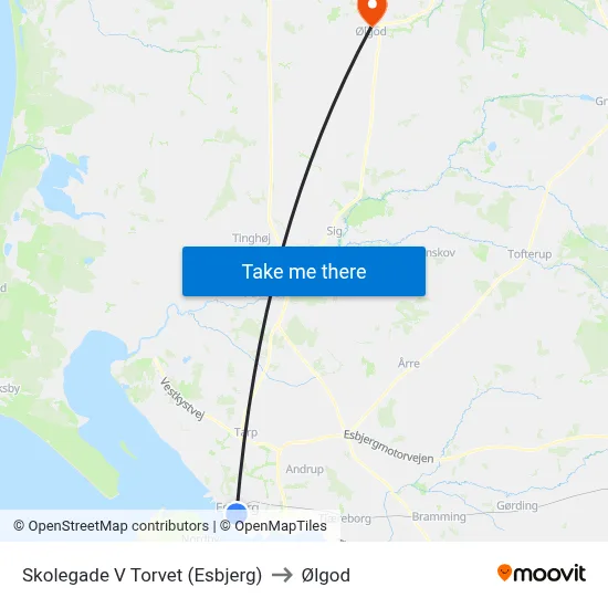 Skolegade V Torvet (Esbjerg) to Ølgod map