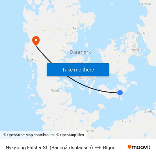 Nykøbing Falster St. (Banegårdspladsen) to Ølgod map