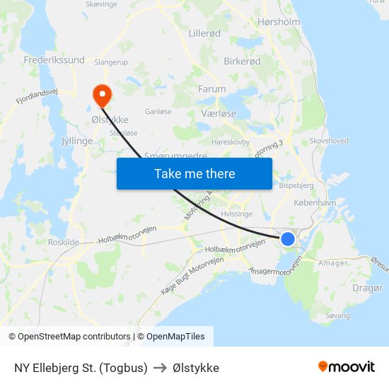 NY Ellebjerg St. (Togbus) to Ølstykke map
