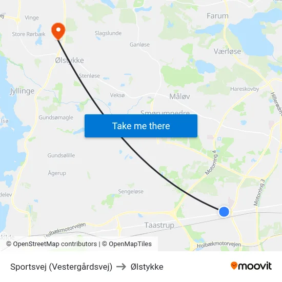 Sportsvej (Vestergårdsvej) to Ølstykke map