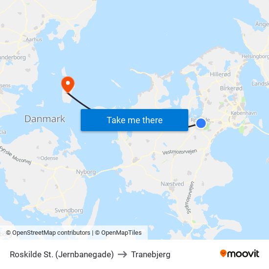 Roskilde St. (Jernbanegade) to Tranebjerg map