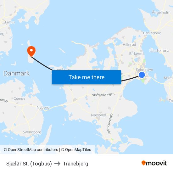 Sjælør St. (Togbus) to Tranebjerg map