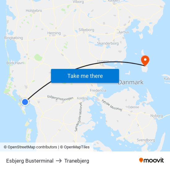 Esbjerg Busterminal to Tranebjerg map