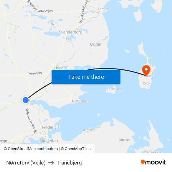 Nørretorv (Vejle) to Tranebjerg map