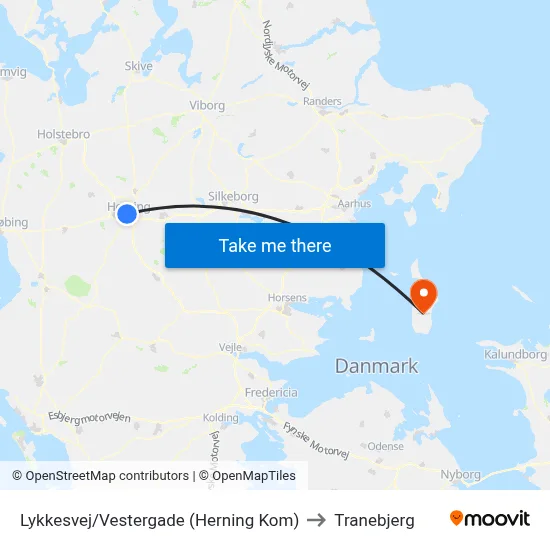 Lykkesvej/Vestergade (Herning Kom) to Tranebjerg map