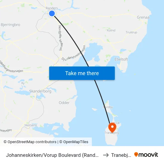 Johanneskirken/Vorup Boulevard (Randers Kom) to Tranebjerg map