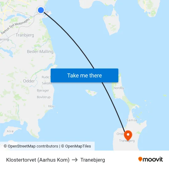 Klostertorvet (Aarhus Kom) to Tranebjerg map