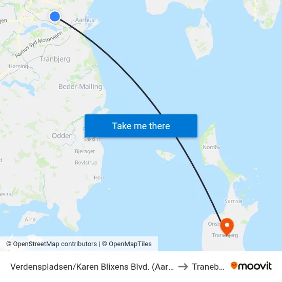 Verdenspladsen/Karen Blixens Blvd. (Aarhus Kom) to Tranebjerg map