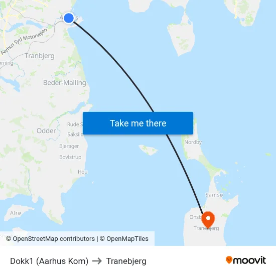 Dokk1 (Aarhus Kom) to Tranebjerg map