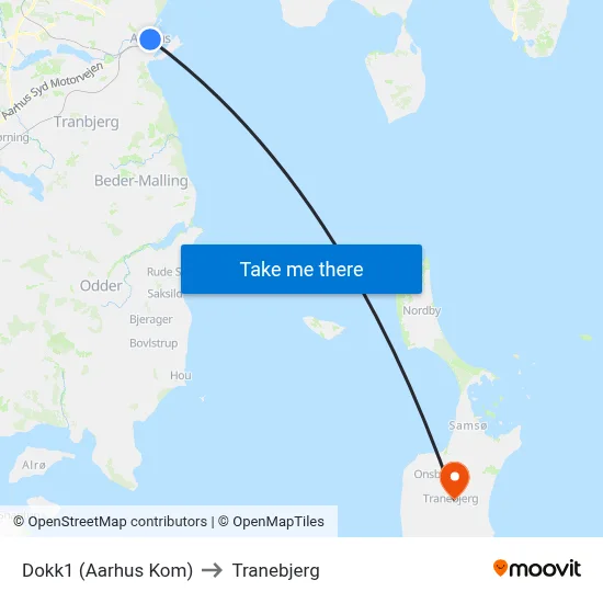 Dokk1 (Aarhus Kom) to Tranebjerg map