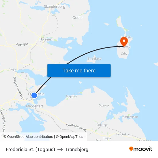 Fredericia St. (Togbus) to Tranebjerg map