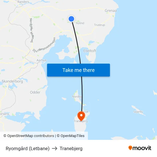Ryomgård (Letbane) to Tranebjerg map