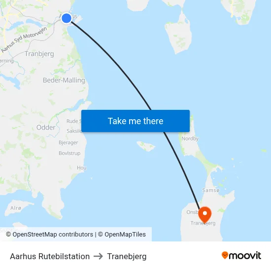 Aarhus Rutebilstation to Tranebjerg map
