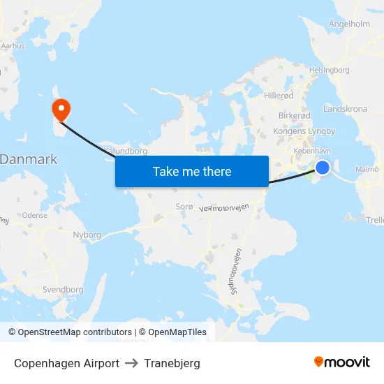 Copenhagen Airport to Tranebjerg map