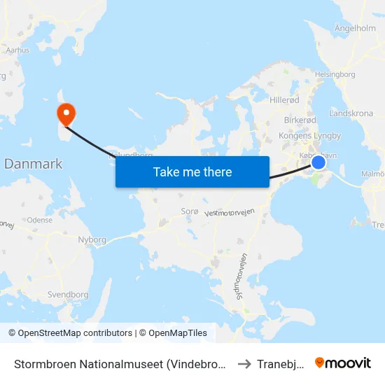 Stormbroen Nationalmuseet (Vindebrogade) to Tranebjerg map