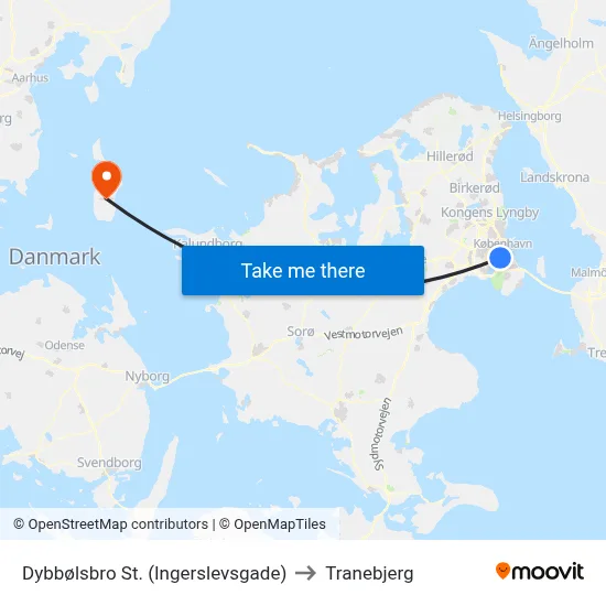 Dybbølsbro St. (Ingerslevsgade) to Tranebjerg map