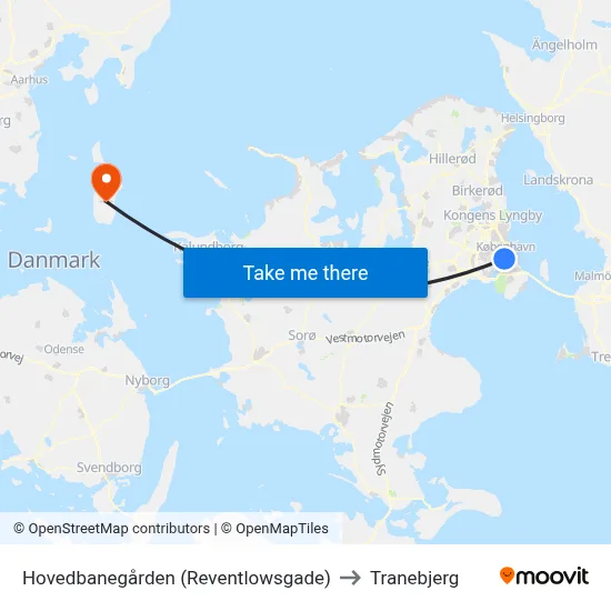 Hovedbanegården (Reventlowsgade) to Tranebjerg map