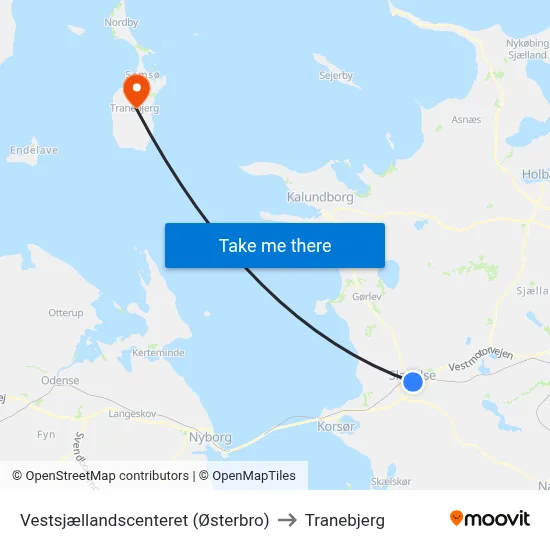 Vestsjællandscenteret (Østerbro) to Tranebjerg map