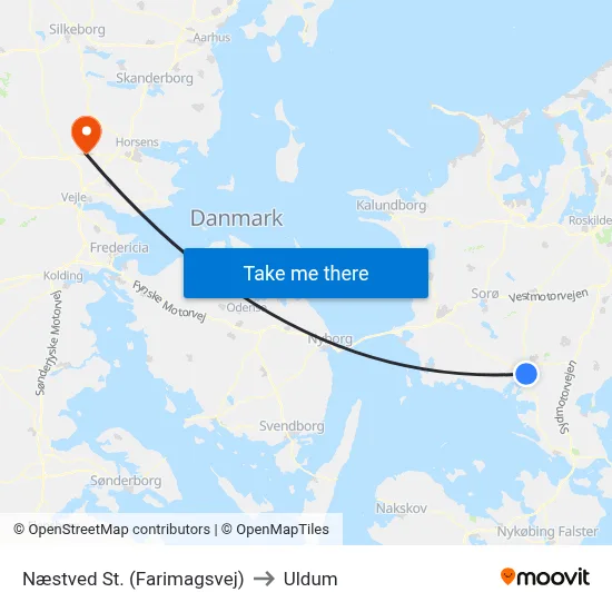Næstved St. (Farimagsvej) to Uldum map