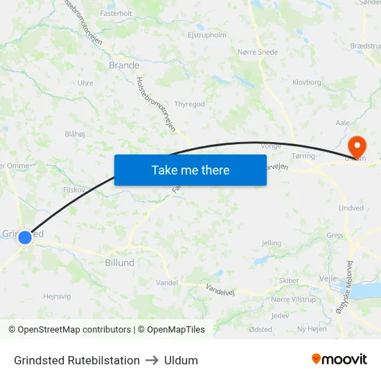 Grindsted Rutebilstation to Uldum map