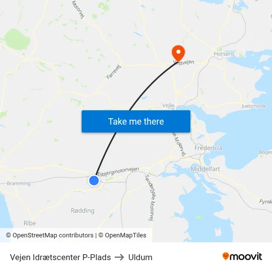 Vejen Idrætscenter P-Plads to Uldum map