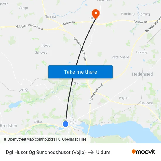 Dgi Huset Og Sundhedshuset (Vejle) to Uldum map