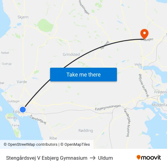 Stengårdsvej V Esbjerg Gymnasium to Uldum map