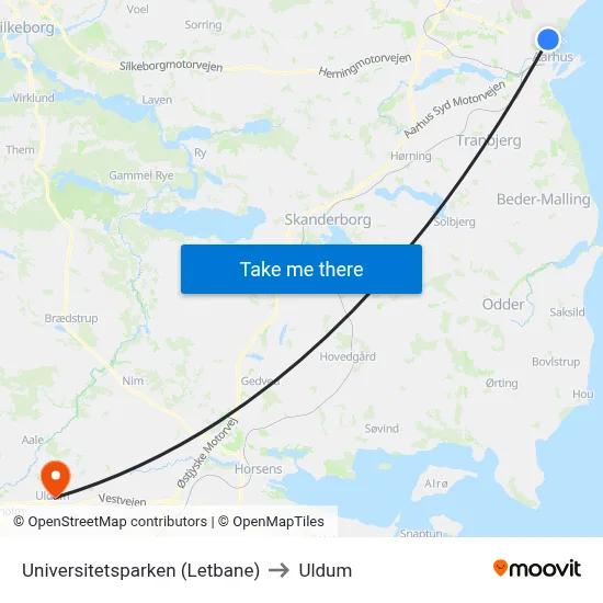 Universitetsparken (Letbane) to Uldum map