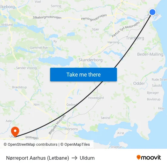 Nørreport Aarhus (Letbane) to Uldum map