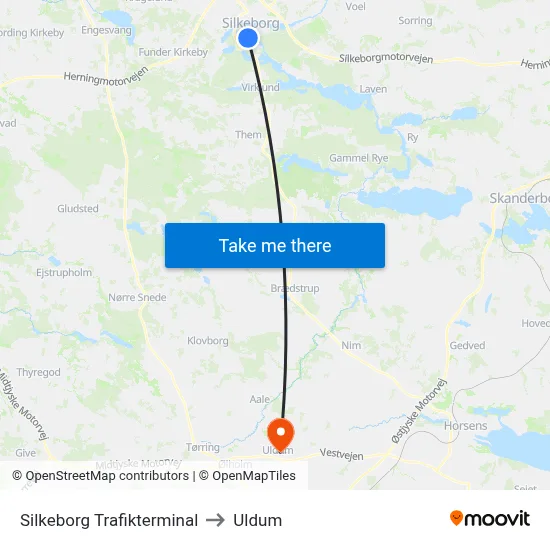 Silkeborg Trafikterminal to Uldum map