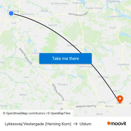 Lykkesvej/Vestergade (Herning Kom) to Uldum map