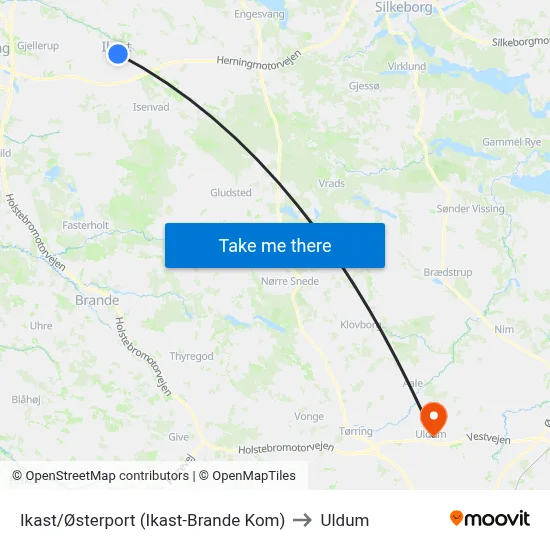 Ikast/Østerport (Ikast-Brande Kom) to Uldum map
