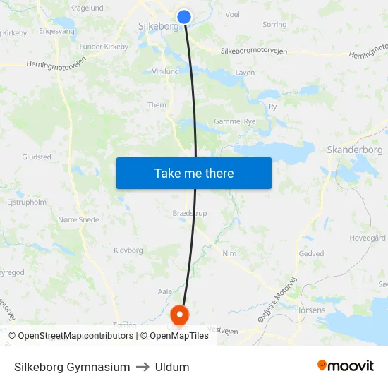 Silkeborg Gymnasium to Uldum map