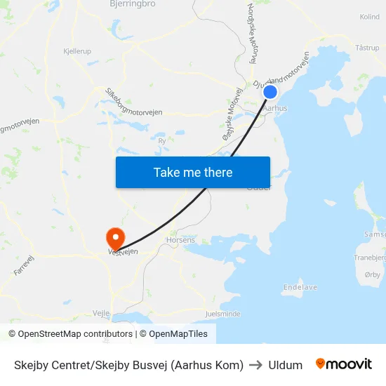 Skejby Centret/Skejby Busvej (Aarhus Kom) to Uldum map