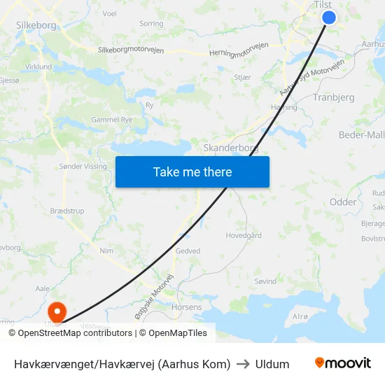 Havkærvænget/Havkærvej (Aarhus Kom) to Uldum map