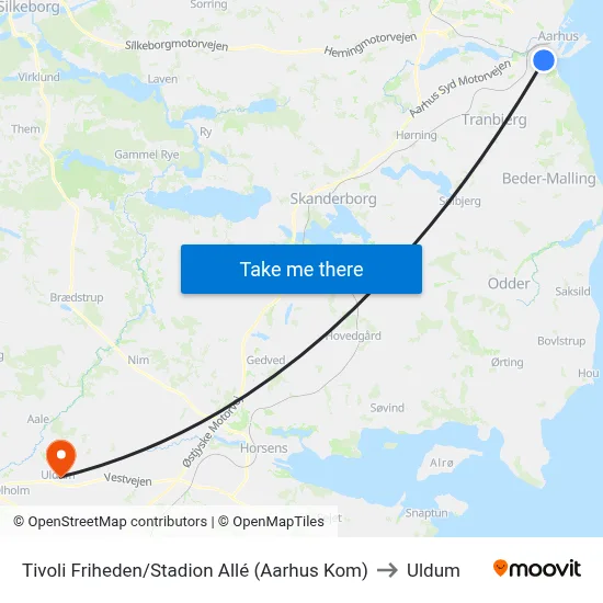 Tivoli Friheden/Stadion Allé (Aarhus Kom) to Uldum map