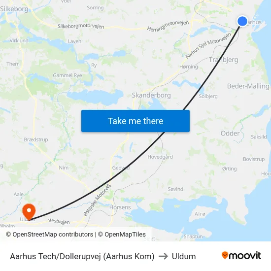 Aarhus Tech/Dollerupvej (Aarhus Kom) to Uldum map