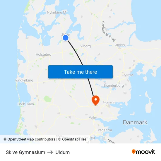Skive Gymnasium to Uldum map