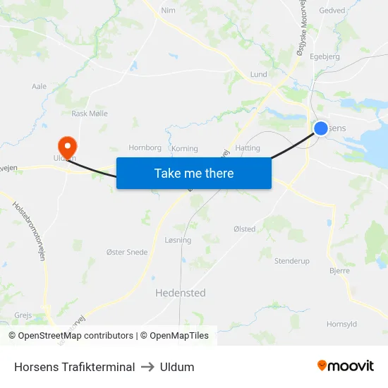 Horsens Trafikterminal to Uldum map