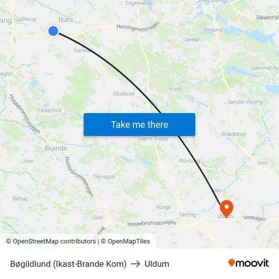 Bøgildlund (Ikast-Brande Kom) to Uldum map