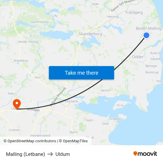 Malling (Letbane) to Uldum map