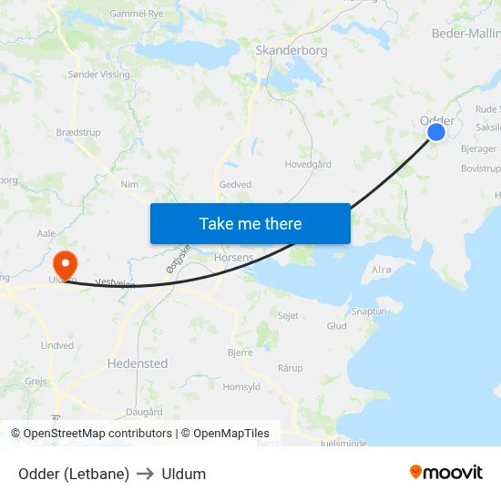 Odder (Letbane) to Uldum map