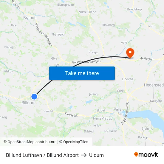 Billund Lufthavn / Billund Airport to Uldum map