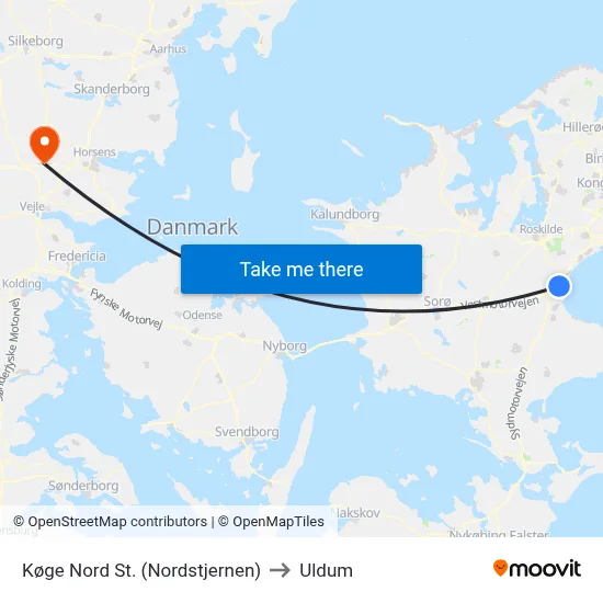Køge Nord St. (Nordstjernen) to Uldum map