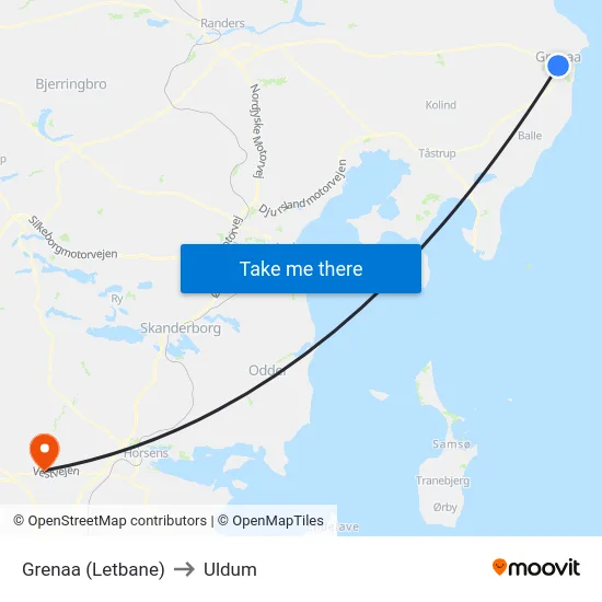 Grenaa (Letbane) to Uldum map